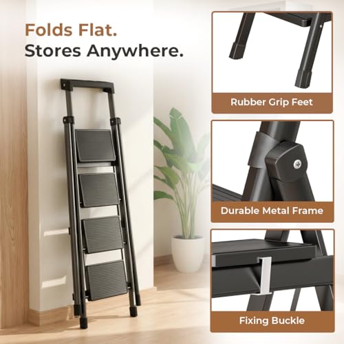 Image of HomeEssentials Heavy Duty Metal Folding Ladder with Built-in Tool Holder, Steel Step Ladder with Anti-Slip Pedals, Portable Foldable Ladder for Home, Kitchen, Office & Garage Use (4 Step)