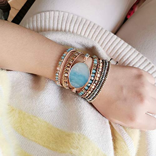 Plumiss Handmade Leather Wrap Natural Amazonite Druzy Bead Crystal Stone Bracelets For Women #TOP1