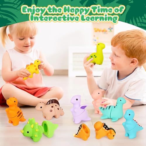 Image of BeFunky Montessori Toys with 10 Dinosaurs for Kids 1 2 3 Years | Sensory and Motor Learning Toy | Color Selection Set and Stackable | Gift for Birthday (Matching Dinosaurs)
