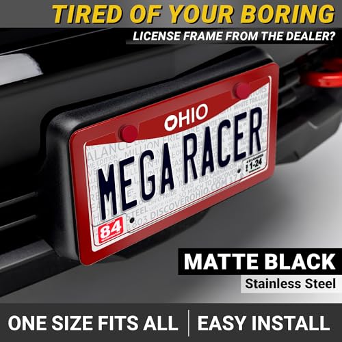 Image of Premium Slim Red License Plate Frames - 2 Pack, Rust-Free Stainless Steel, Street Legal & Rattle-Free, Universal Fit with Screw Caps, Sleek Thin Metal Front & Rear Car Tag Holders for Men & Women