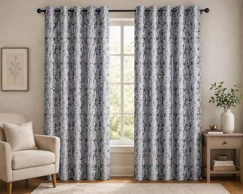 Image of HUTI Home Room Darkening Door Curtain for Home | Heavy Polyester Knitted Jacquard Look Eyelet Curtain | Texture Print | Grey | 7 Feet (120 x 213 cm) | Set of 2