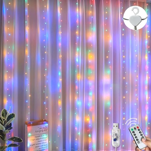 300LED Curtain Fairy Lights USB Powered, 3mx3m Plug in String Lights with Remote Control,8 Modes Hanging Fairy Lights Waterproof for Indoor/Outdoor Bedroom Wedding Party Xmas Decor(Multi-Coloured)
