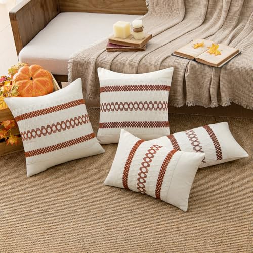 Image of MIULEE Set of 2 Burnt Orange Decorative Lumbar Pillow Covers 12x20 Inch | Fall Farmhouse Boho Couch Throw Pillows Modern Cushion Covers Macrame Woven Home Decor for Bed Sofa Chair