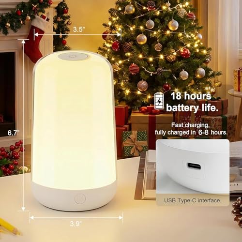 Image of Bedside Touch Lamp for Kids - LED Night Light with 3 Color Temperature, 7-Color Changing, Rechargeable 3600mAh Battery, Touch Control,Type-C Charging, Eye-Caring & Portable for Nursery,Bedroom