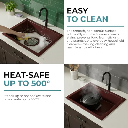 Image of ARQUIN Quartz Sink for kitchen 21x18x9 Inch Brown | Single Bowl Sink | Durable & Scratch-Resistant | Undermount /Topmount Including Coupling, Waste Pipe & Fruit Washing Basket
