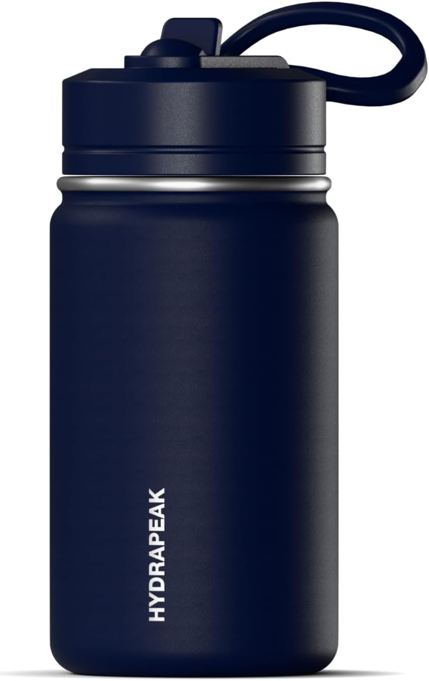Hydrapeak Mini 14oz Water Bottle with Straw Lid, Stainless Steel Double Wall Insulated Water Bottle | Leak-Proof and Spill-Proof Water Bottle, 24 Hours Cold (Navy)