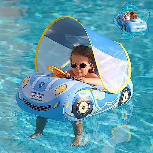 Image of Baby Pool Float with Canopy, PVC Baby Swim Float with Sun Shade Cover, 3D Car Toddler Pool Float Swimming Floats Seat Boat for 12-18, 12-24 Months, Age 2-3, 3+ Years (Blue Canopy)