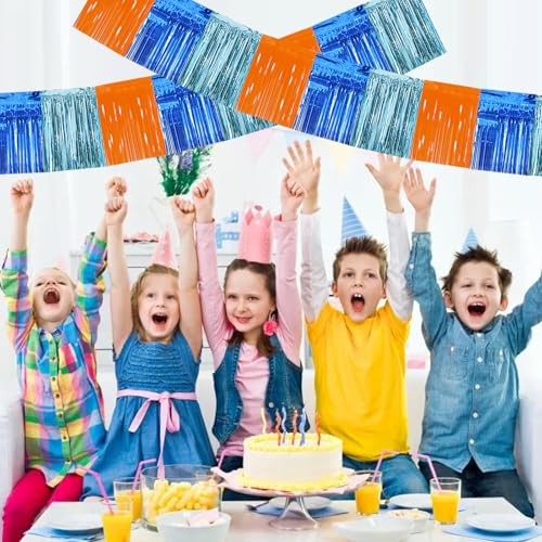 Image of BEISHIDA 3 Packs Metallic Foil Fringe Garland Orange Bue Wall Hanging Tinsel Fringe Banners for Car Floats Birthday Party Decoration Baby Shower Backdrops Dog Theme Party Supplies(30 Feet)