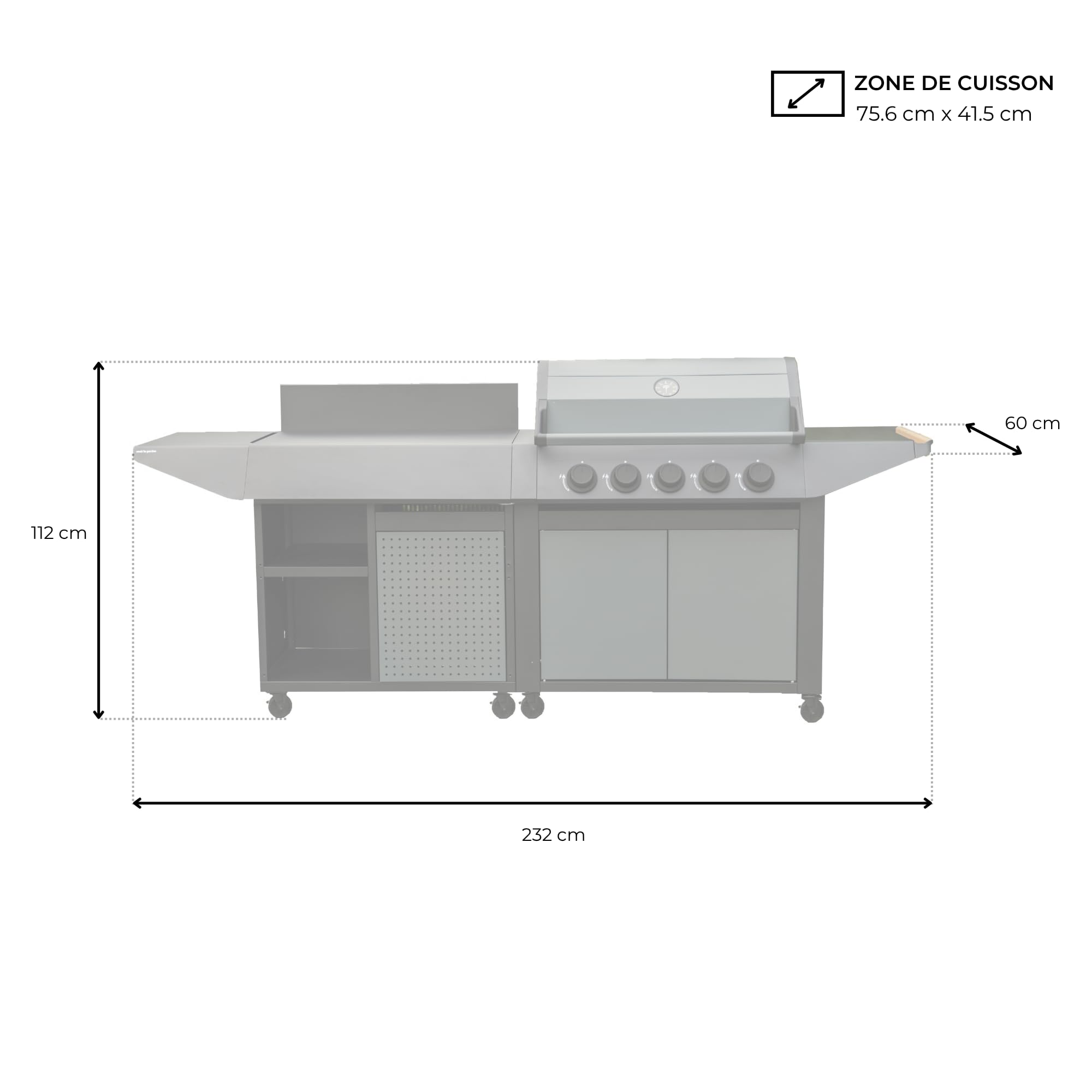 Cook'in Garden - Cucina Esterna Gas BURN, Barbecue con Desserte integrato, 5 Bruciatori, Termometro incorporato, Spazio aggiuntivo, Struttura in Acciaio, Ideale per 12 commensali