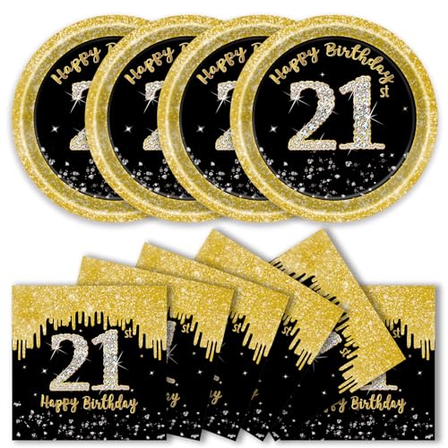 50 Pcs 21st Birthday Paper Plates and Napkins Party Supplies, Black Gold 21th Party Plates and Napkins Tableware Set for Men Women Anniversary 21st Birthday Decorations