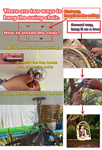 Indoor Outdoor Hanging Egg Chair Without Stand Folding Patio Wicker Hanging Swing Chair With Hanging Chain 62.99 Inch Weight Capacity 360Lbs(Beige Without Stand) #TOP5