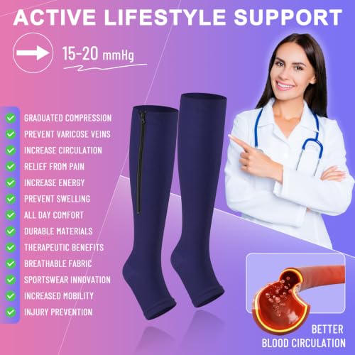 Image of cerpite Zipper Compression Socks, 2-Pack Open Toe 15-20mmHg for Men & Women