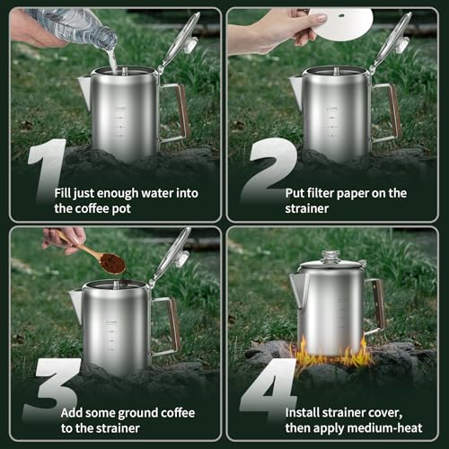 Image of Coffee Percolator with 100pcs Coffee Filters - 12 Cups | Durable Stainless Steel Material Camping Coffee Pot| Brew Coffee On Fire, Grill or Stovetop | Ideal for Home, Camping