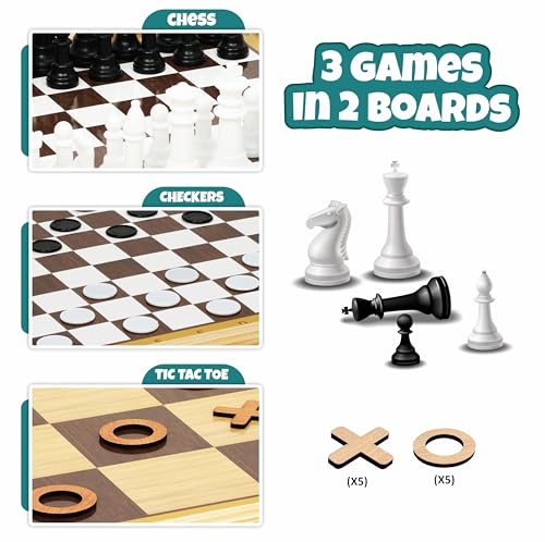 Image of Toyaffair Wooden Board Game Set - Checkers, Chess, and Tic Tac Toe -Multi Game Board for Kids and Adults, Portable Family Fun Game (3 in 1 Wooden Board Game)