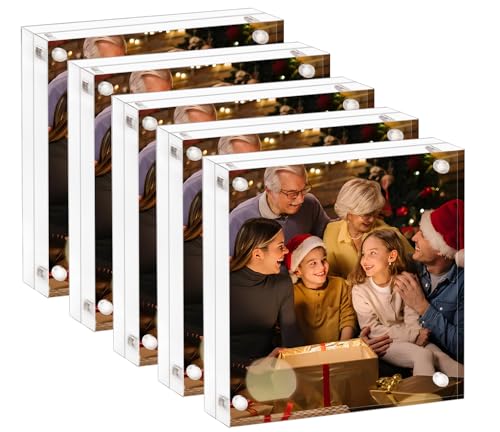 Marco de Fotos Acrílico 20x20cm,Marco de Fotos Magnético Sin Marco de Doble Cara Transparente,Pantalla de Acrílico de Escritorio, Marco Lucite con Caja de Regalo,12+12 mm de Grosor, 5 paquetes