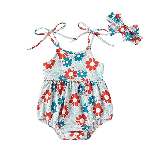 Image of JLKGICF Baby Girl 4th Fourth of July Bubble Romper Spaghetti Strap Onesie Sleeveless Floral Jumpsuit One-Piece Cute Clothes(Chic Flower Blue, 3-6 Months)