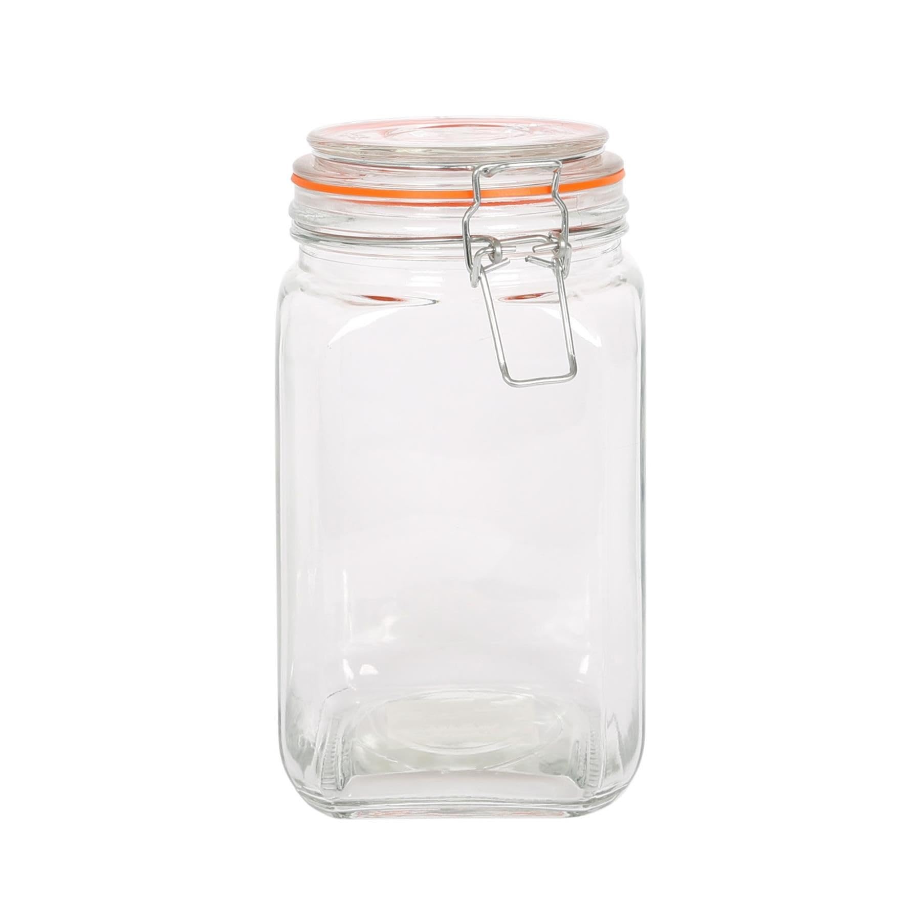Argon Tableware Transparent 1.25L Square Glass Jar With Clip-Top Lid - Airtight Kitchen Mason Jar Food Storage Preserving Container For Pickling, Chutney, Jam, Coffee, Oats