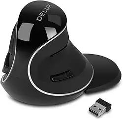 DELUX Mouse vertical ergonômico, mouse Ergo sem fio para mãos grandes, conexão 2,4G, cliques silenciosos, até 1600 DPI, 6 botões, descanso de pulso removível, compatível com laptop/PC (M618Plus sem