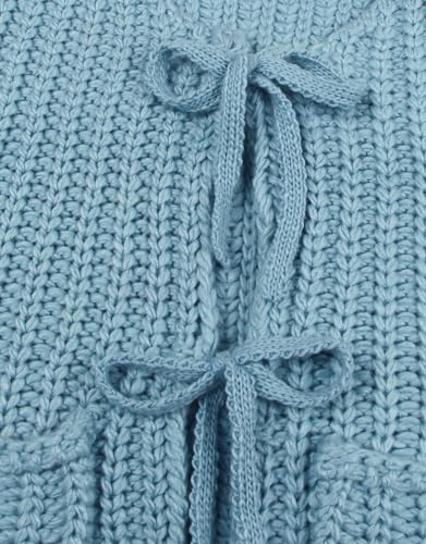Image of Trendy Cardigan Sweater Vest Crochet Knit Top Sleeveless Bows with Pockets