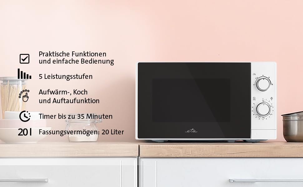 ETA Marvello Mikrowelle I 20 L I 700 W I 5 Leistungsstufen I Auftaufunktion I Weiß