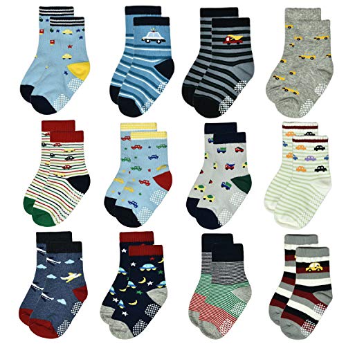 Image of Tphon 12 Pairs Toddler Non Skid Socks with Grips Anti Slip Bottom, Cotton Non Slip Ankle Crew Socks for Boys, Girls, Kids(1-7Years)