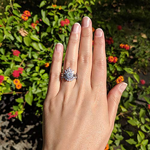 TwoBirch Sterling Silver Cubic Zirconia Delicate Floral Tiara Design Border Ring Guard Round Halo Engagement Ring CZ Duo Stackable Ring Set3
