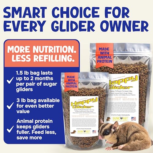 Happy Glider Premium Sugar Glider Food - High Protein, Calcium, Vitamins & Minerals, Complete Nutrition for Small Animals & Exotic Pets, 2 Months Supply - Honey & Peach, 3 lbs