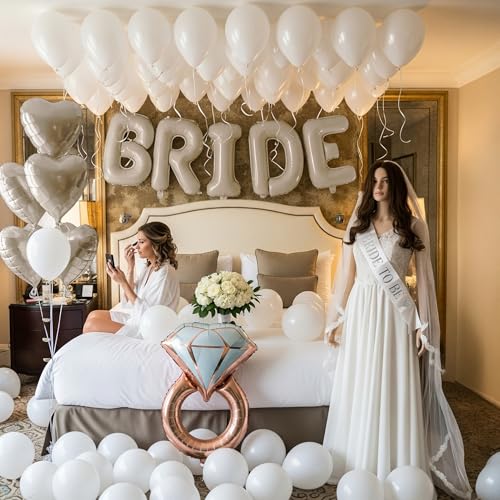 Cream White Bridal Shower party decorations with huge 40 Inch BRIDE letter Pearl Balloons BRIDE to be Sash Bridal Veil and Diamond Ring Heart shape Balloons For Bachelorette party Wedding supplies by kozee - Used condition - Image 2