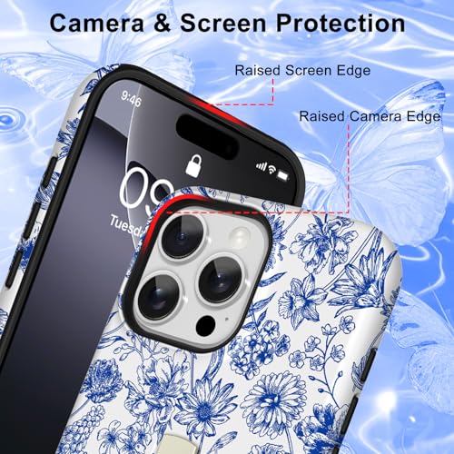 Image of Magnetic for iPhone 16 Pro Case with Finger Strap Kickstand [Compatible with Magsafe] Cute Flower Floral Pattern Design, Dual-Layer Shockproof Protective Cover for Women Men, Blue