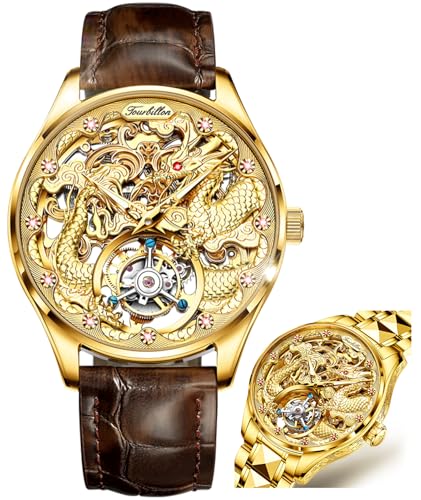 Image of OLEVS Men Automatic Watch Skeleton Luxury Gold Original Dress Mechanical Self Winding Sapphire Crystal Real Leather and Interchangeable Tungsten Steel Band Wrist Watch for Men