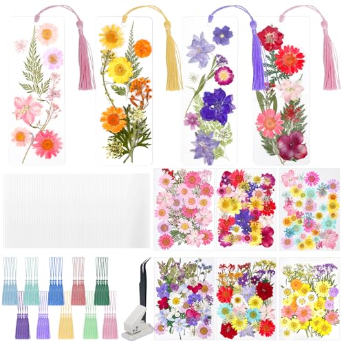 kmfosaat 344 Pcs Pressed Flower Bookmark Making Kit 50 Laminating Pouches with 242 Dried Flowers 50 Tassels Tweezer and Punch Party DIY Crafts Bookmark for Book Lovers