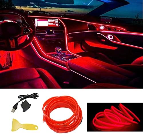 EL Wire Car LED Strip Lights, Interior Car Lights, USB Neon Glowing Strobing Electroluminescent Wire Lights with 6mm Sewing Edge, Ambient Lighting Kits for Car (red)