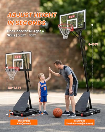 Image of IGL Basketball Hoop Outdoor 40 /44 /47 Inch, Height Adjustable 5.3-10 FT, Portable Basketball Goal with Shatterproof Backboard for Kids Teens Adults, Backyard Driveway