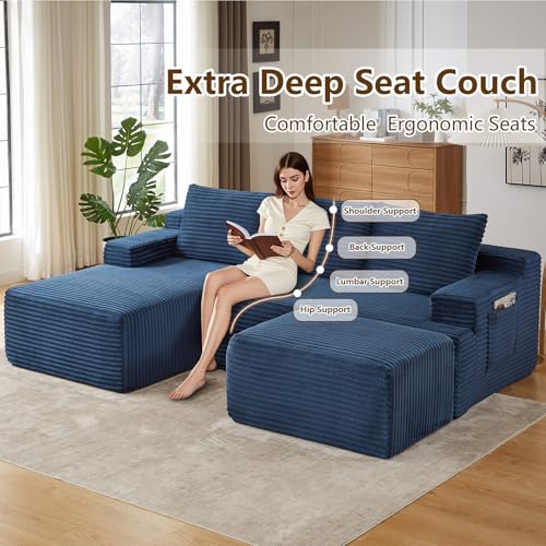 Image of 96 inch U-Shape Cloud Couch, Modern Modular Sectional L-Shape Sofa with Ottoman, Corduroy Upholstered Couches Deep Seat Sleeper Chaise Longue for Living Room, No Assembly Required(Blue, Left Facing)