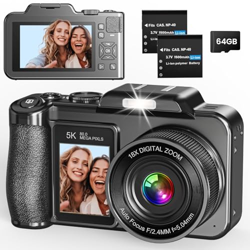 Digital Camera, 5K 80MP 3.5'+2' Dual Screen Cameras for Photography Autofocus, 18X Digital Zoom Vlogging Camera for YouTube, Travel, Beginners, Include 64GB Card and 2 Batteries, Black