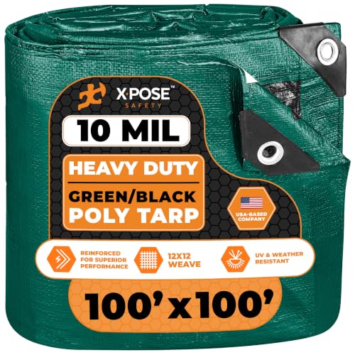Image of Heavy Duty Poly Tarp 100 Feet x 100 Feet 10 Mil Thick Waterproof, UV Blocking Protective Cover - Reversible Green and Black - Laminated Coating - Grommets - by Xpose Safety