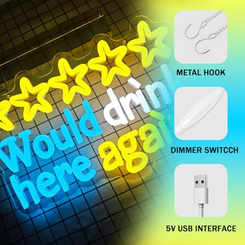 Image of Would drink here again Neon Sign for Wall Decor Funny Bar Neon Sign Dimmable Beer Led Neon Lgiht Decorations for Home Bar Basement Garage Mancave