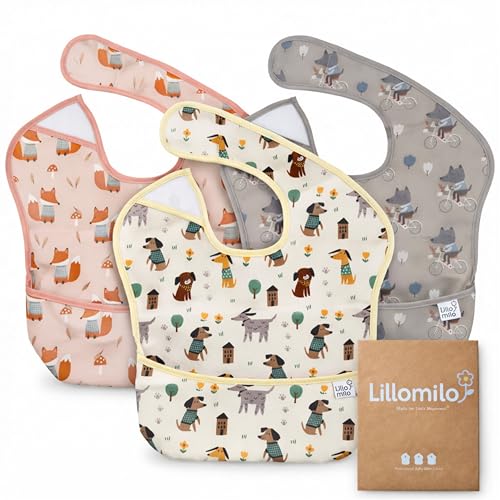 Image of Lillomilo Waterproof Baby Bibs for Eating 3-Pack | Toddler Bibs with Food Catcher | Machine Washable Bibs, Lightweight | Infants & Toddlers 6-36 Month, CPSIA Tested, Animal Design (White, Pink, Grey)