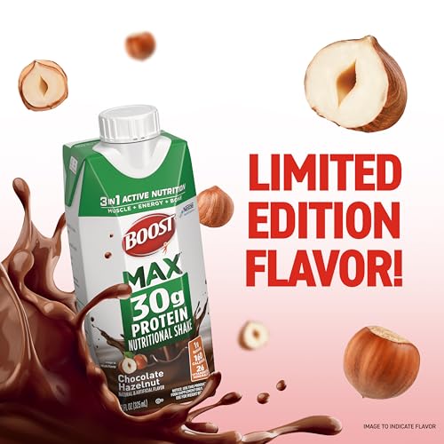 Image of BOOST MAX Protein Shakes Ready to Drink - 30g High Protein Shake - Hazelnut | Nutritional Drinks to Support Muscle Recovery After Exercise, 26 Vitamins & Minerals, 1g Sugar, 11 fl oz (Pack of 18)