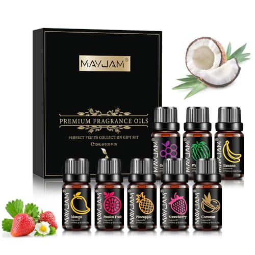 MAYJAM Fruity Fragrance Oil Set 8 x 10ML, Essential Oils Set for Diffuser – Aromatherapy, DIY – Mango, Passion Fruit, Strawberry, Watermelon, Coconut, Pineapple, Banana, Grape