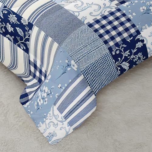Image of AILONEN Blue Patchwork Comforter Set Queen Size, Plaid Floral Striped Bedding with 2 Pillowcases for Room,3Pcs