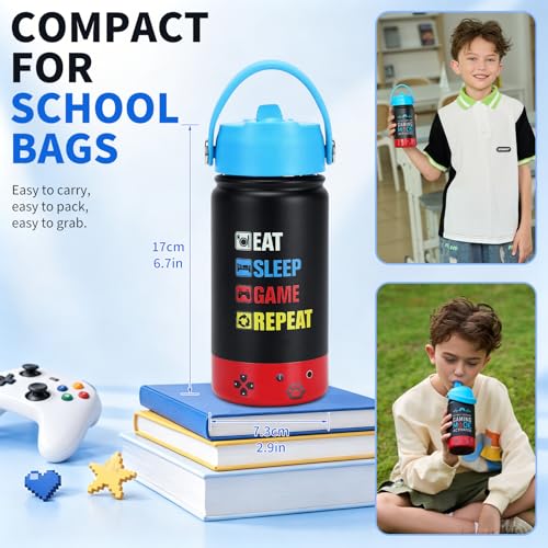 Image of Kids Insulated Water Bottle with Straw Lid, 14oz Double Wall Vacuum Stainless Steel Tumbler, Leak Proof Reusable Metal School Cup for Boys Girls, Keep Cold 24H Hot 12H (Blue-Red-EAT(Pack 2))