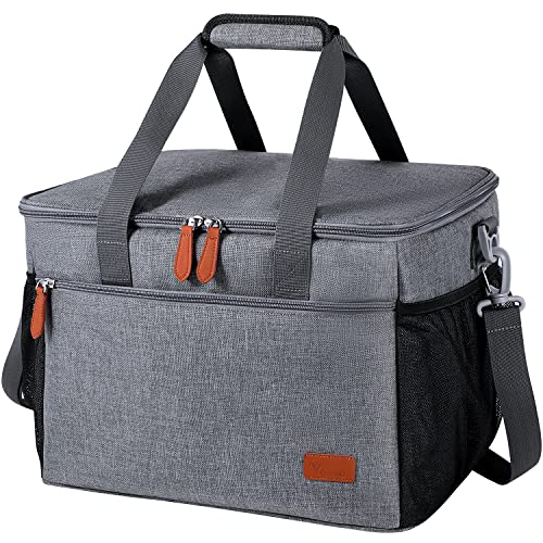 Voova Insulated Soft Sided Cooler Bag, Collapsible Leakproof Coolers Portable Lunch Box 40 Cans Large Lunch Tote Bags for Camping, Picnic, Beach, Travel, Golf, Sport, Family Outdoor Activities, Grey