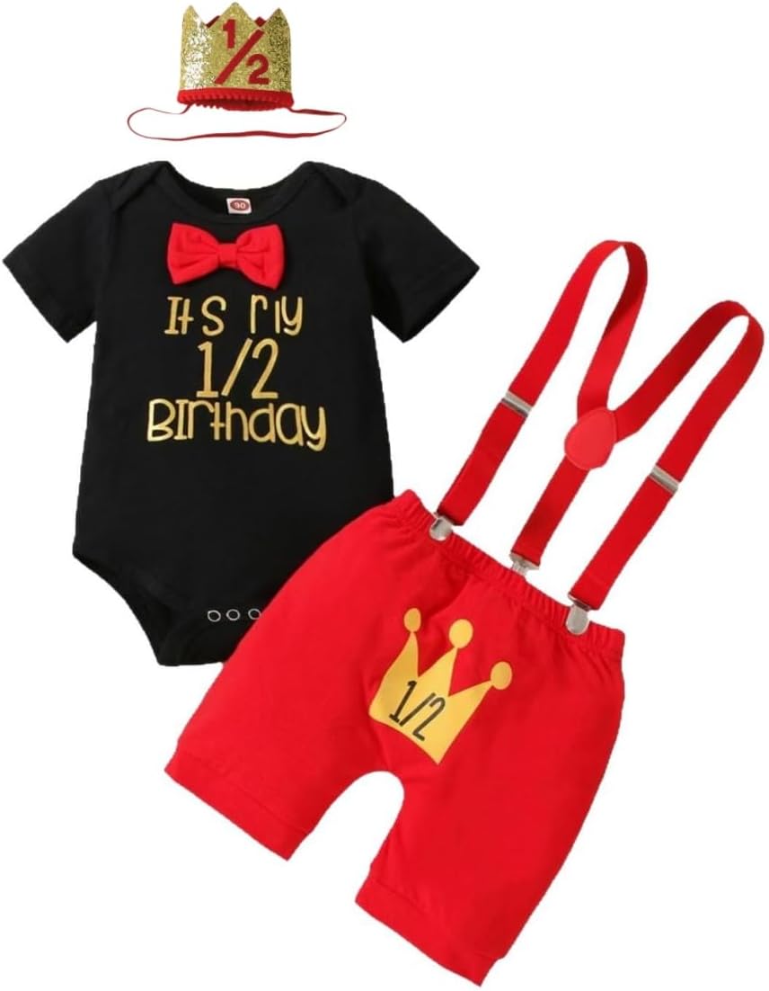 Baby Boy 1/2 First Birthday Outfit Half Way to One Birtday Cake Smash 4pcs pants Set Suspenders Romper Photo Shoot