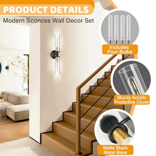 Image of LoTanop Wall Sconces Set of Two, Energy-Efficient Wall Sconce Light Fixtures for Bathroom Mirror Living Room Hallway Bedroom, Adjustable Rotating, Modern Wall Lighting with Clear Acrylic
