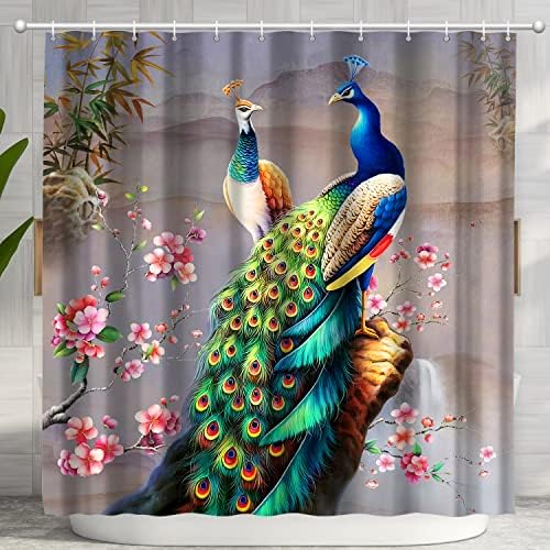 Nosovlra Vintage Peacock Shower Curtain for Bathroom, Animal Colorful Peacock Feather Beautiful Print Shower Curtain Sets Bathtub Decor with Hooks 72"x72"