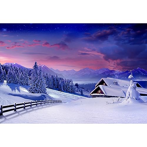 YongFoto 1,5x1m Toile de Fond Paysage Couvert Neige Montagne élégante Village Maison Arbres clôture en Bois Joyeux Noël d'hiver Fond Décors Studio Photo Video Fete Photographie Accesorios