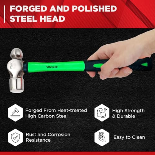 Image of WULF 0.5 lb Heavy Duty Ball Pein Hammer | Drop-Forged Steel Head with Shockproof Fiberglass Handle | Anti-Slip Grip for Metalwork, Construction, Carpentry & DIY | Professional Hand Tool