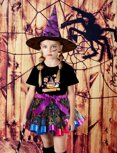 Image of Happy Cherry Toddler Girls Witch Tutu Skirt Set with Hat & Broomstick 3 Pcs Dress Up Halloween Outfits 3-8Y