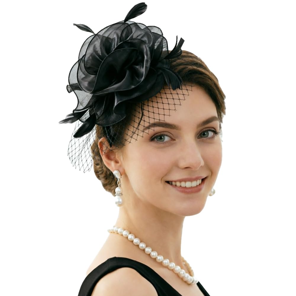 DRESHOW Fascinators Hat Feather Headband Women's Fascinators Tea Party Headwear with Clip Flower Head Band for Girls &amp; Women
